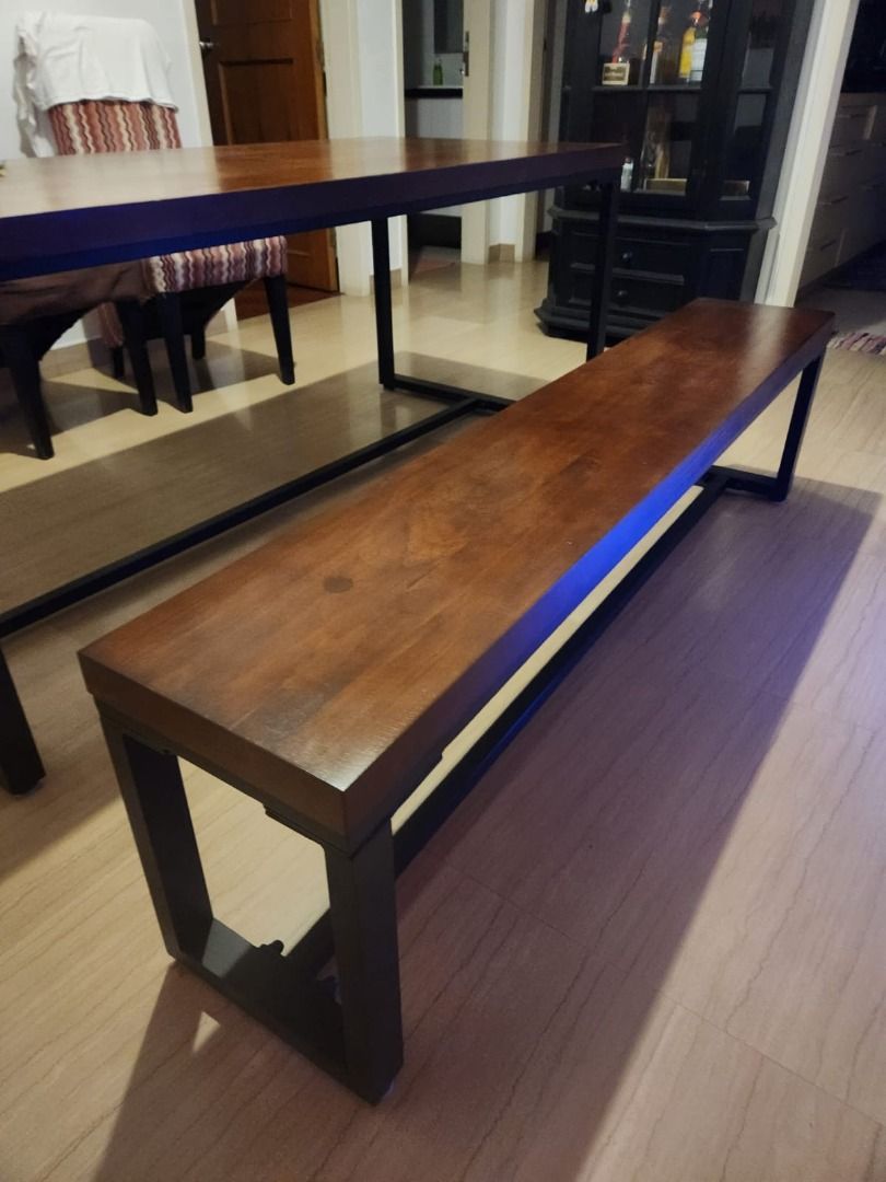 Heavy quality dining table & matching bench. Rust free frame. Chairs