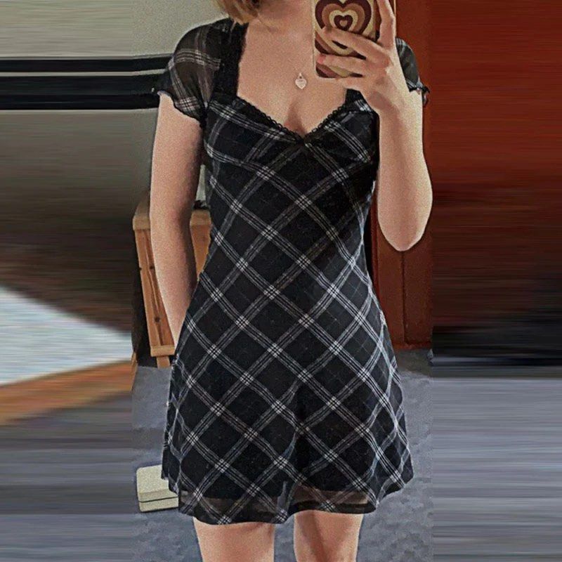 H M Mesh Plaid Mini Dress y2k goth cute preppy