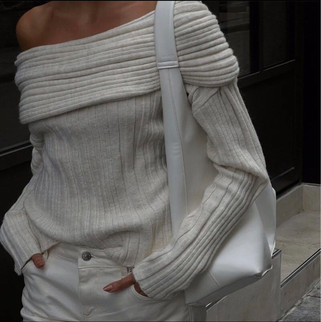 knitted oversized off shoulder long sleeve top Women s Fashion
