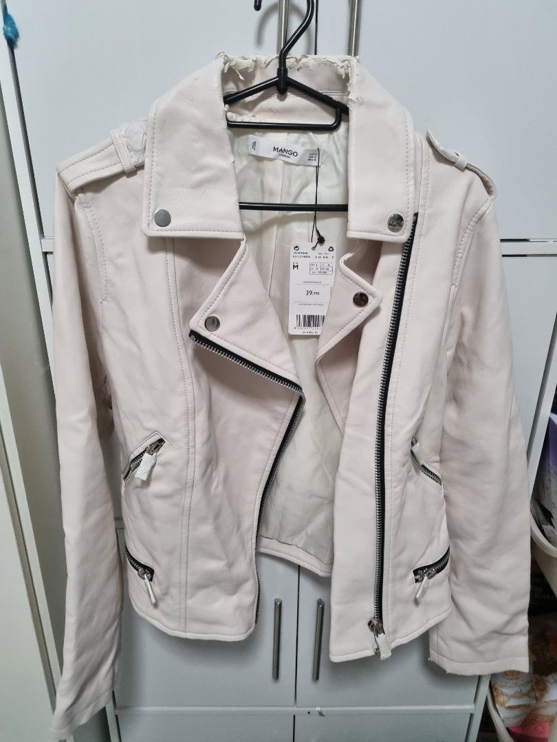 Mango white leather outlet jacket