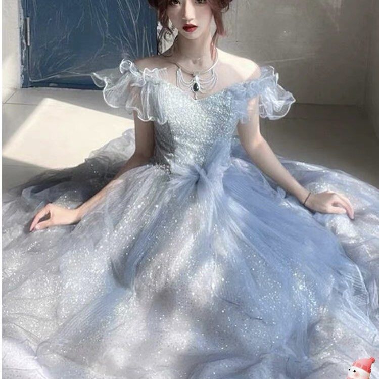 sell or rent off shoulder blue sparkle elegant prom dress evening