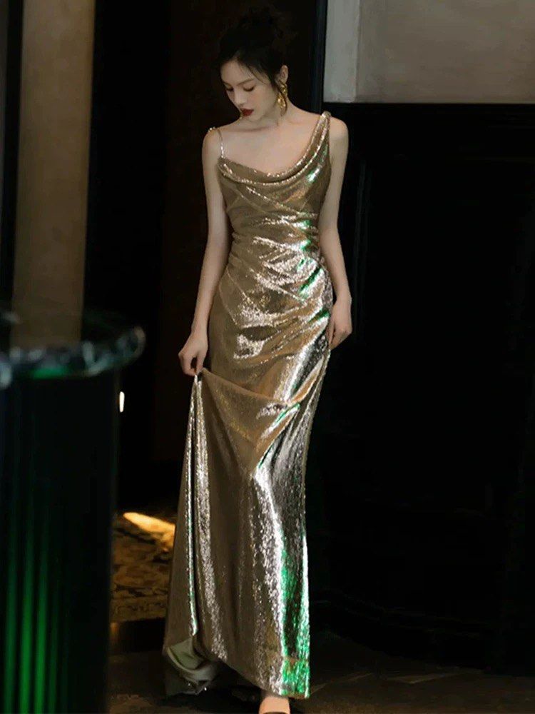 Po Golden dress with cowl neck prom birthday party wedding