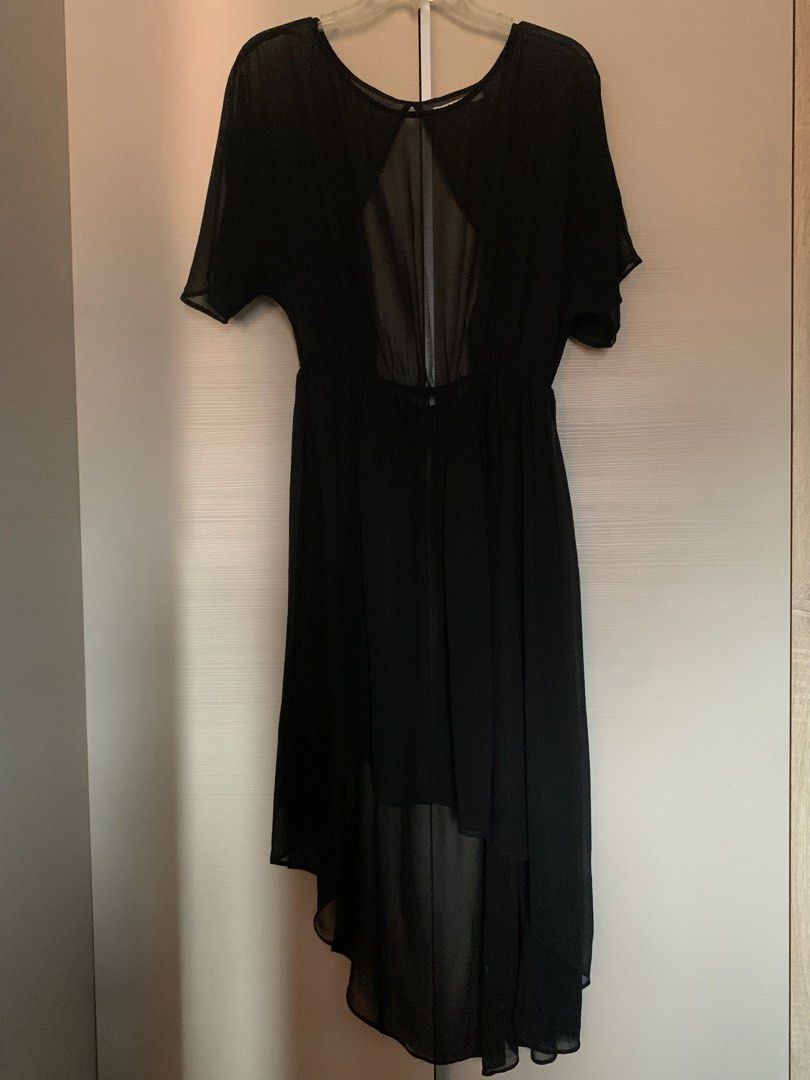 Rache Chiffon Sheer High Low Short Sleeved Little Black Dress