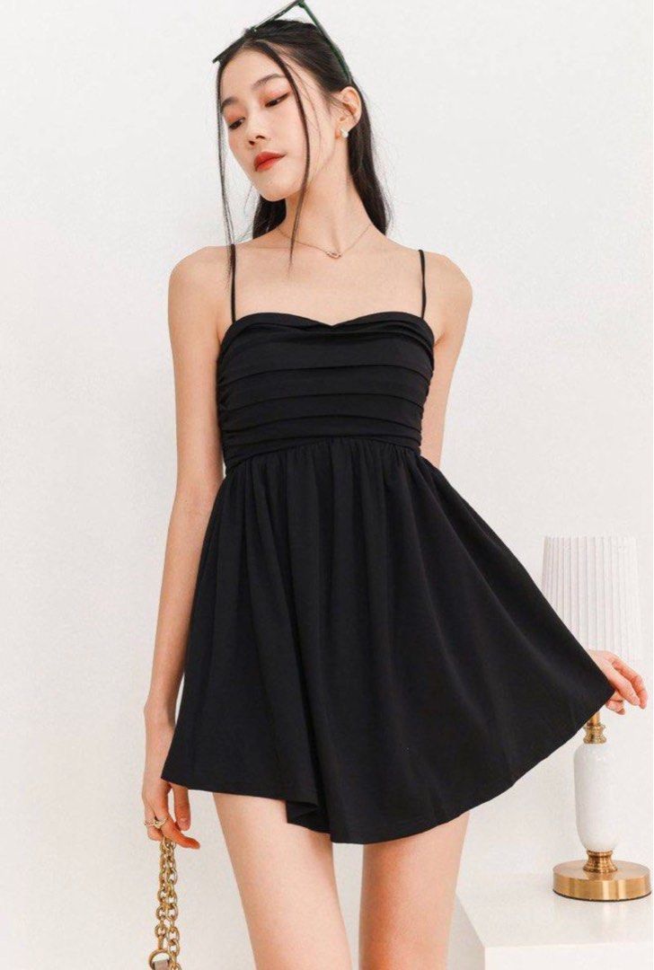 Rhea Ruched Romper in Black, Women's Fashion, Dresses & Sets, Rompers on Carousell