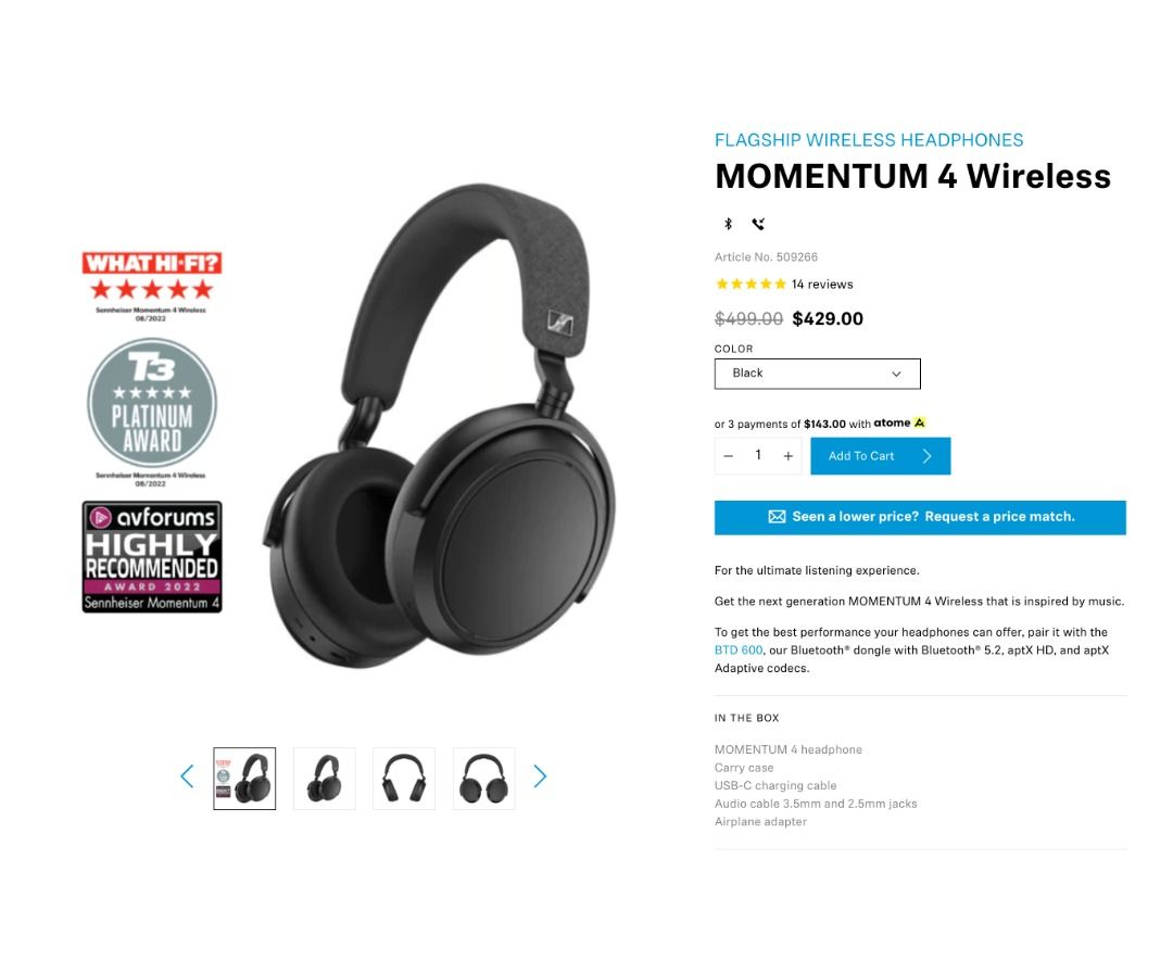 Sennheiser Momentum 4 Wireless Headphones with Adaptive Noise Cancellation  and Sennheiser BTD 600 Bluetooth adapter