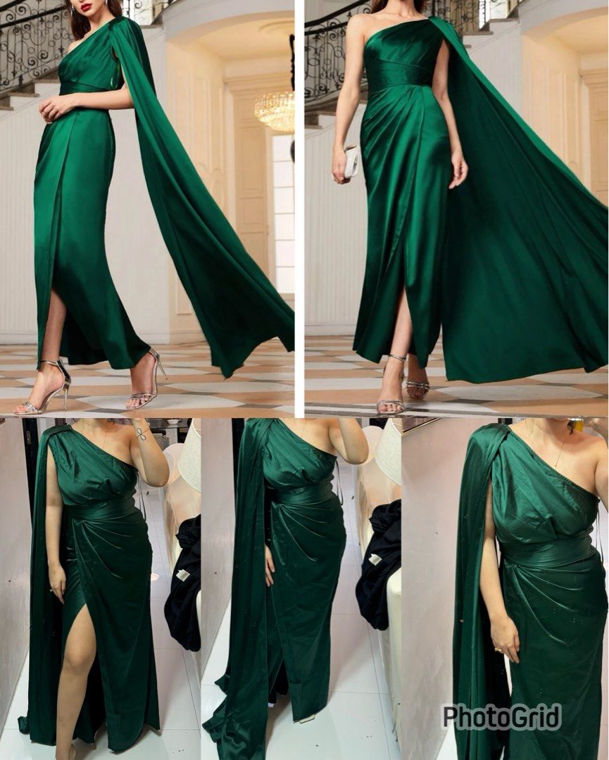 SHEIN EMERALD GREEN GOWN ONE SHOULDER WITH CAPE CLOAK WRAP HEM WITH SLIT,  Women's Fashion, Dresses & Sets, Evening dresses & gowns on Carousell