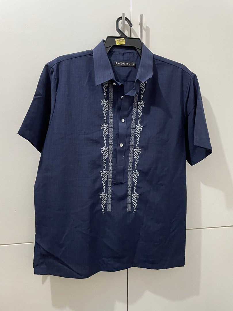 Short Sleeve Barong (Navy Blue - Large), Men's Fashion, Tops & Sets ...