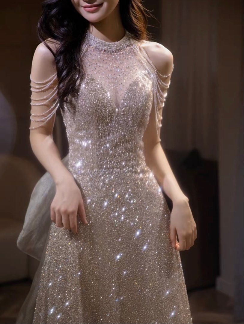 SSYFashion Luxury Silver Evening Dress for Women Sequins Tassel
