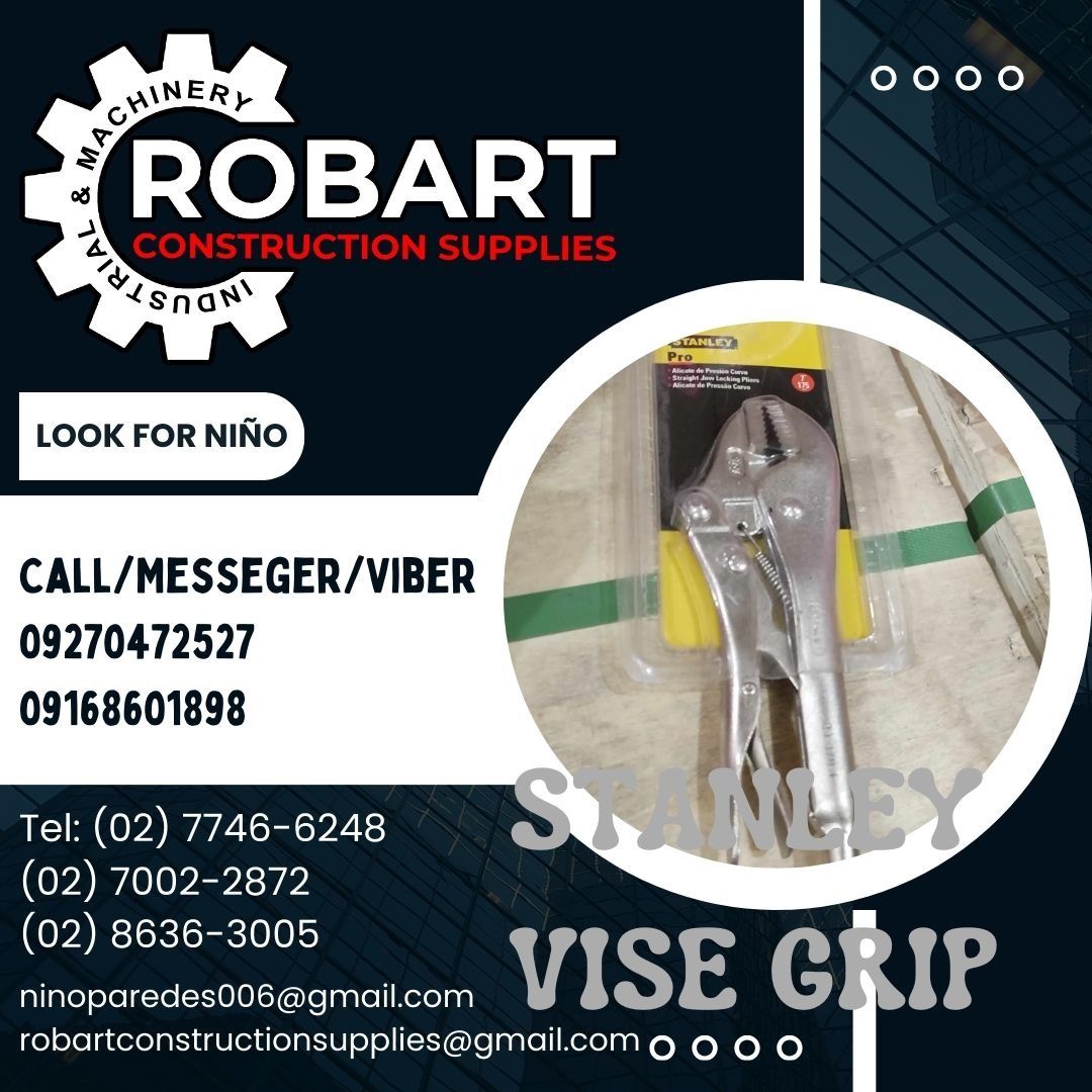 "STANLEY" VISE GRIP (Category: Construction Tools & Equipment) located in Manila. Submitted by ninoparede24925 (Listing ID 1266915325, Image 1). Description: "STANLEY" VISE GRIP straight jaw 7" - - FOR INQUIRES: 𝓟𝓵𝓮𝓪𝓼𝓮 𝓬𝓪𝓵𝓵 :09270472527 09168601898 Look for:Niño Paredes Tel: (02) 7746-6248 (02) 7002-2872 (02) 8636-3005 𝑴𝒂𝒏𝒊𝒍𝒂 𝑶𝒇𝒇𝒊𝒄𝒆: 1405 𝒀𝒖𝒔𝒆𝒄𝒐 𝒔𝒕 𝑺𝒕𝒂 𝑪𝒓𝒖𝒛. 𝑴𝒂𝒏𝒊𝒍𝒂 #RobartConstructionSupplies #Constructi
