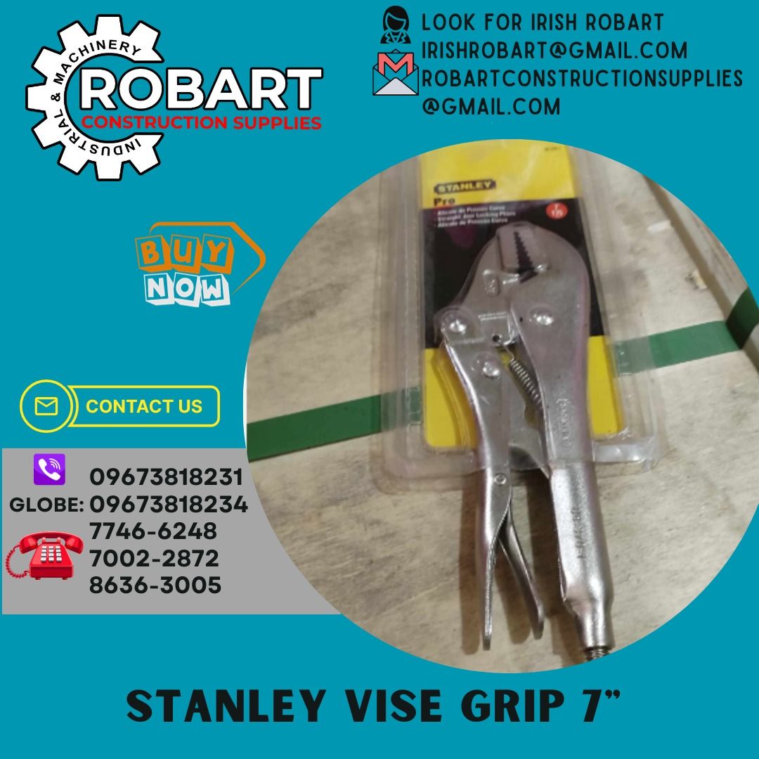 stanley vise grip 7" (Category: Construction Tools & Equipment) located in Manila. Submitted by irishrobart_22 (Listing ID 1266872671, Image 1). Description: stanley vise grip 7" straight jaw. SEND US MESSAGE FOR INQUIRIES ‼️‼️ LOOK FOR IRISH ROBART VBR : 0 9 6 7 3 8 1 8 2 3 1/ 0 9 6 7 3 8 1 8 2 3 4 LANDLINE 8-6 3 6 3 0 0 5 / 7 7 4 6 -6 2 4 8 / 7 0 0 2-2 8 7 2 GMAIL: I R I S H R O B A R T @ G M A I L . C O M Office Address: 1405 Yuseco St. Sta Cr