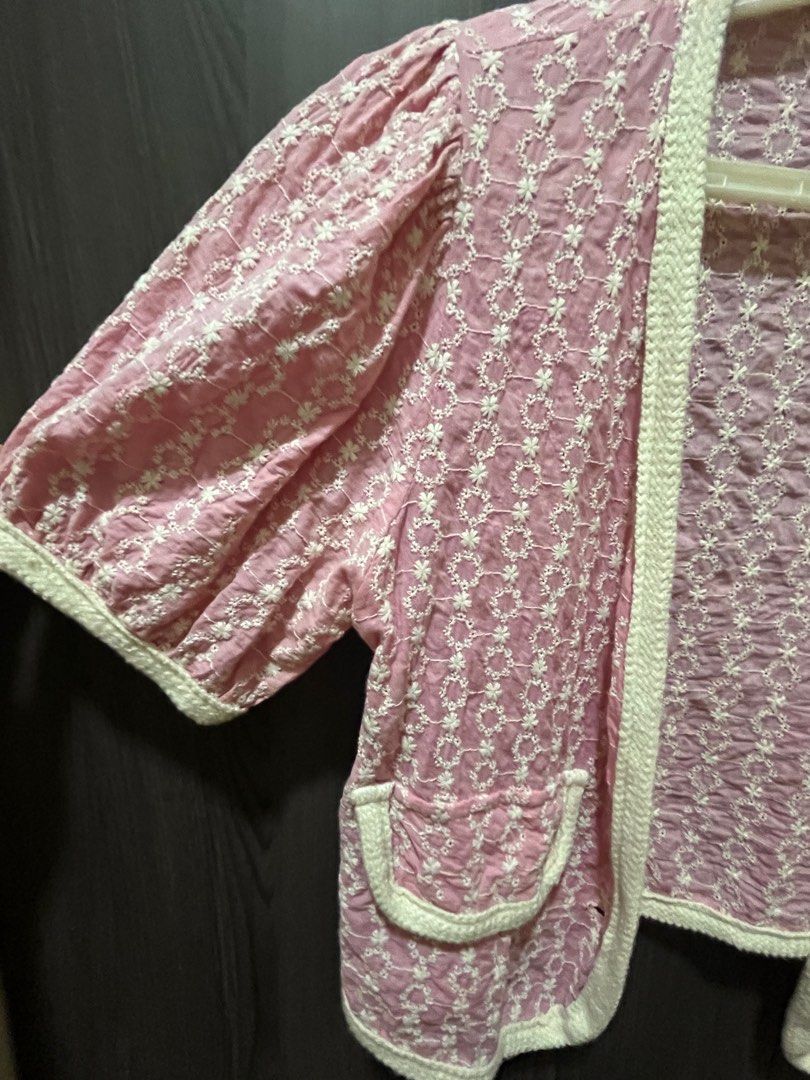 Vintage cardigan bolero (Category: Coats, Jackets and Outerwear) located in Pasig City. Submitted by yoursforless2 (Listing ID 1266979478, Image 2). Description: Scored this piece from a vintage pop-up in Makati this year. Still in mint condition despite being a vintage item. It has dainty floral stitches as pattern with still sturdy buttons. Great paired with neutra shorts, pants and dress. Used only twice. Can fit XS-M..