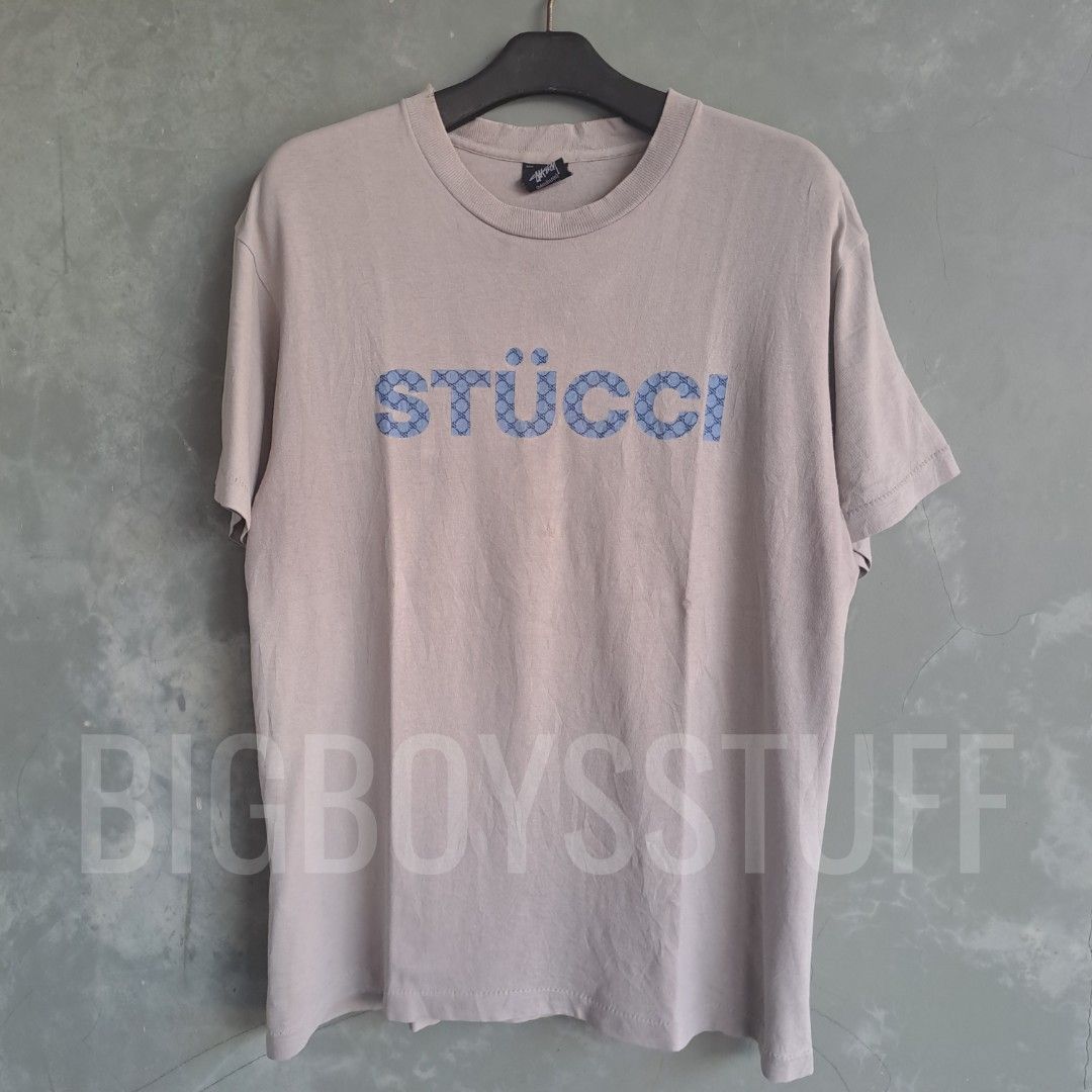 Vintage Stussy Stucci parody T-shirt, Fesyen Pria, Pakaian , Atasan di ...
