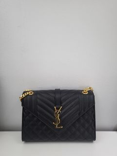 YSL Envelope Medium Bag in Mix Matelasse Grain De Poudre Embossed Black Leather