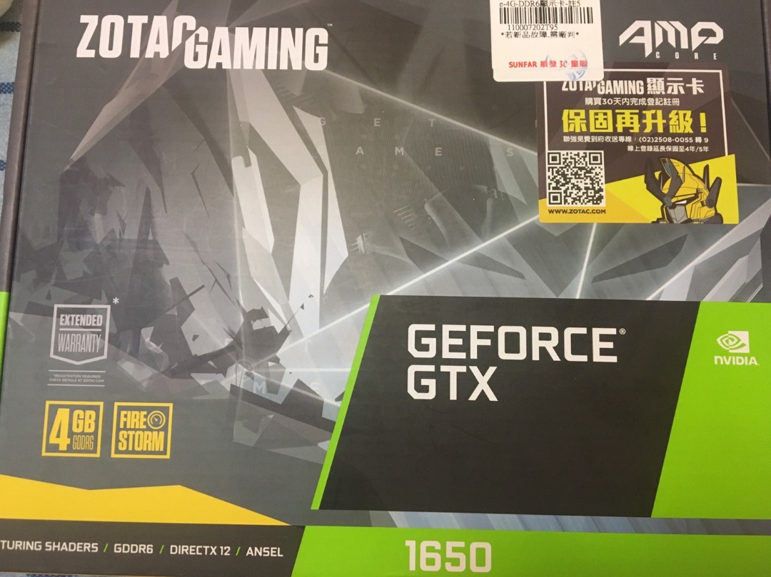 ZOTAC GTX 1650 DDR6 AMP 顯示卡今年剛買保固還有四年多到2028, 電腦及