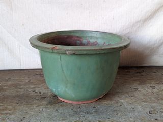 《有裂痕》早期大甲東：綠釉磚胎花盆—古物舊貨、懷舊古道具、復古擺飾、早期民藝、早期花器、盆栽、陶瓷碗盤