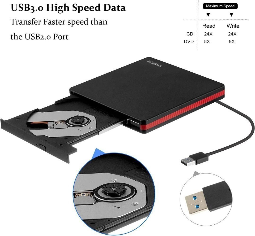 External Portable CD/DVD Drive Slim USB 3.0 Re-Writer Burner
