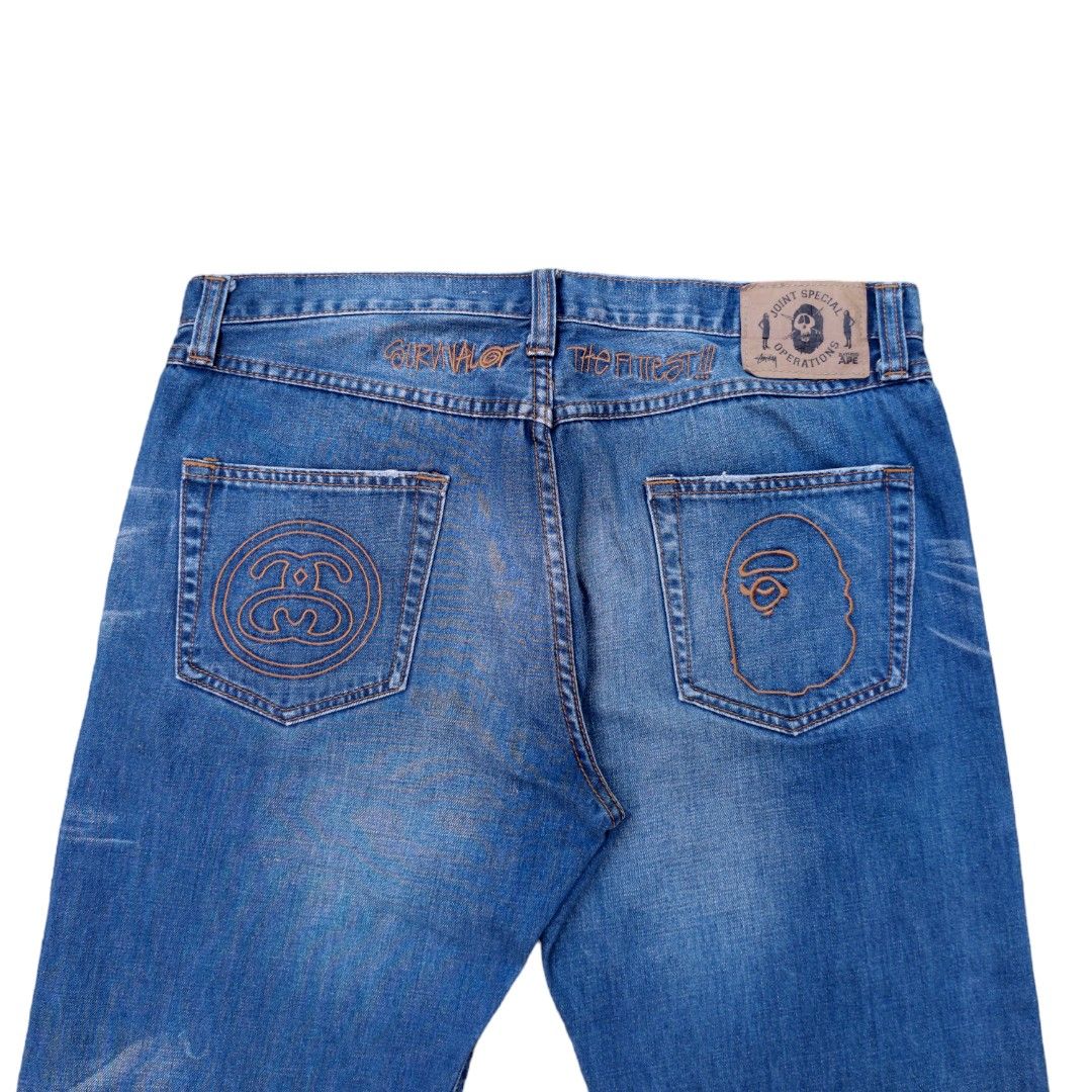 Bape x Stussy denim pants (Category: Jeans) located in Quezon City. Submitted by cyborgph (Listing ID 1267016937, Image 1). Description: bape x stussy denim pants size 36 on tag 43 length no major issue minimal issue on hem see photos negotiable just shoot your offer.