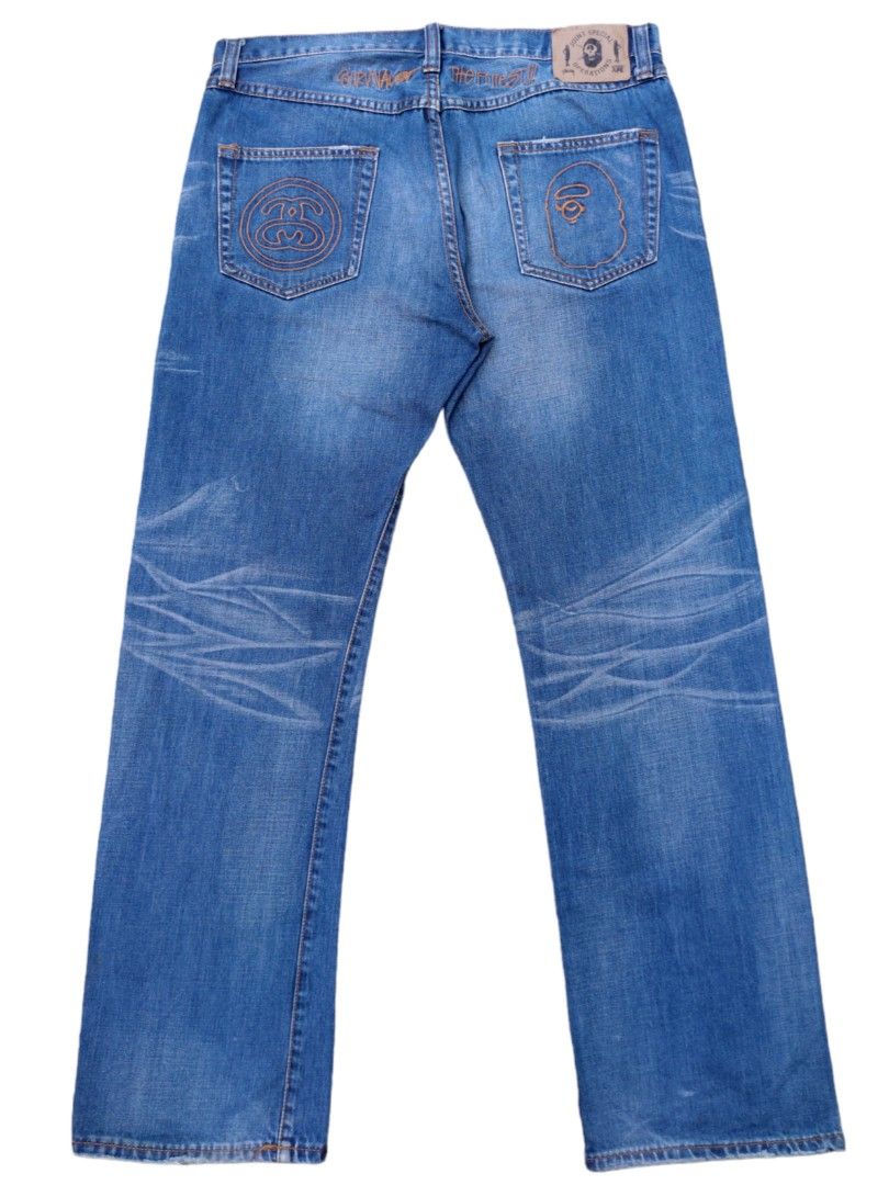 Bape x Stussy denim pants (Category: Jeans) located in Quezon City. Submitted by cyborgph (Listing ID 1267016937, Image 2). Description: bape x stussy denim pants size 36 on tag 43 length no major issue minimal issue on hem see photos negotiable just shoot your offer.