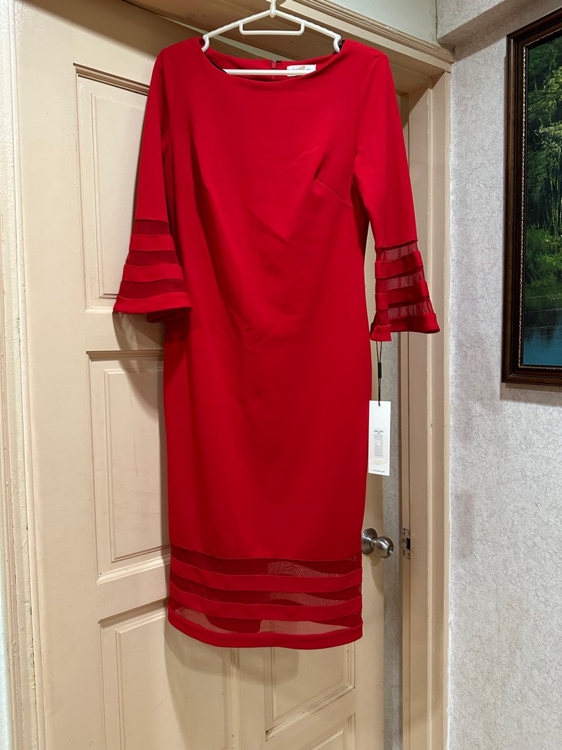 Calvin Klein Chilli Red Midi Dress Trumpet Sleeves Women s