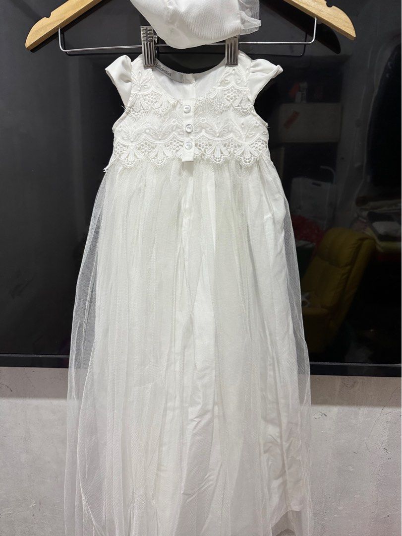 Christening white dress (Category: Babies & Kids Fashion) located in Manila. Submitted by mrjn102121 (Listing ID 1267183805, Image 1). Description: Brand: little basics No issue, once lang nagamit comes w/ white hat free size till 1 yr/old .