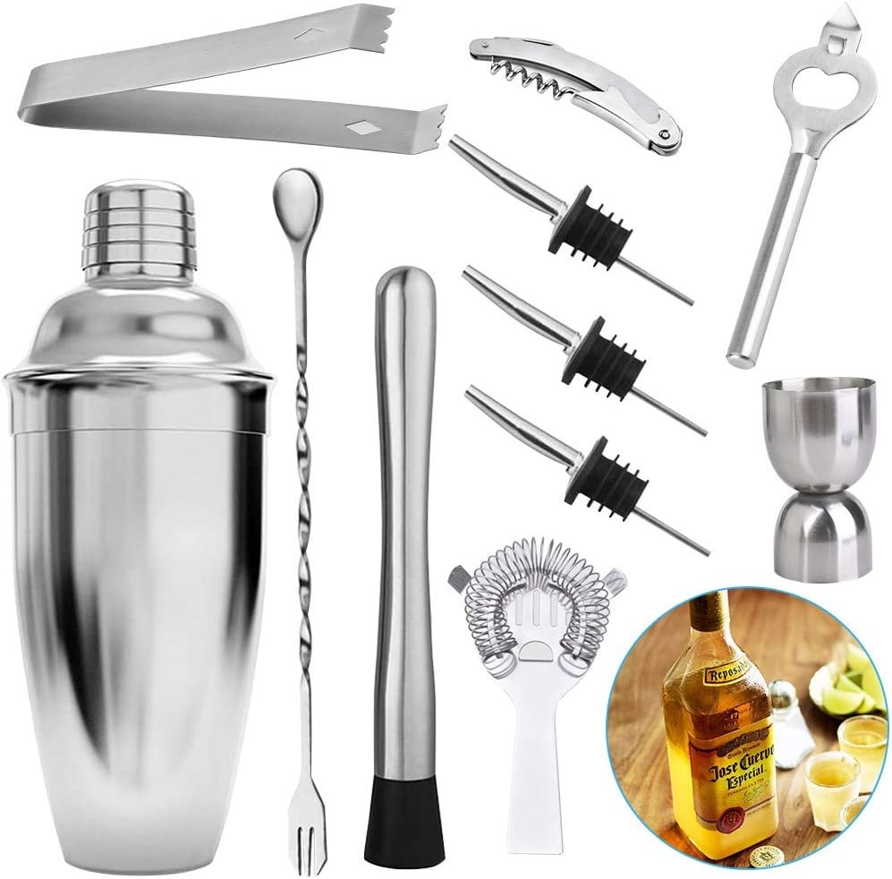 Stainless Steel Cocktail Shaker Set with Stand - 15-Piece Bartender Kit with Drink Shaker, Bar Spoon, Jigger, Muddler, Strainer, Bottle Opener & Stopp