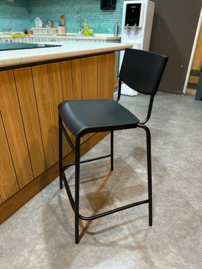 Ikea Stig bar stool with backrest, black/black, 63cm, Furniture & Home