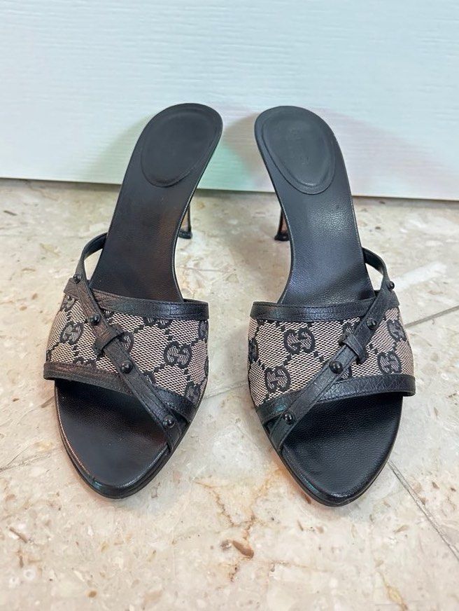 Vintage Gucci Monogram Fabric Leather Wooden Heels Slides Mules Sandals Bow Shoes size 37.5c Carousell