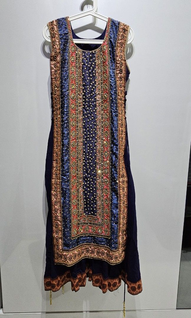Navy Blue Embroidered Silk Blend Dress Material with Dupatta