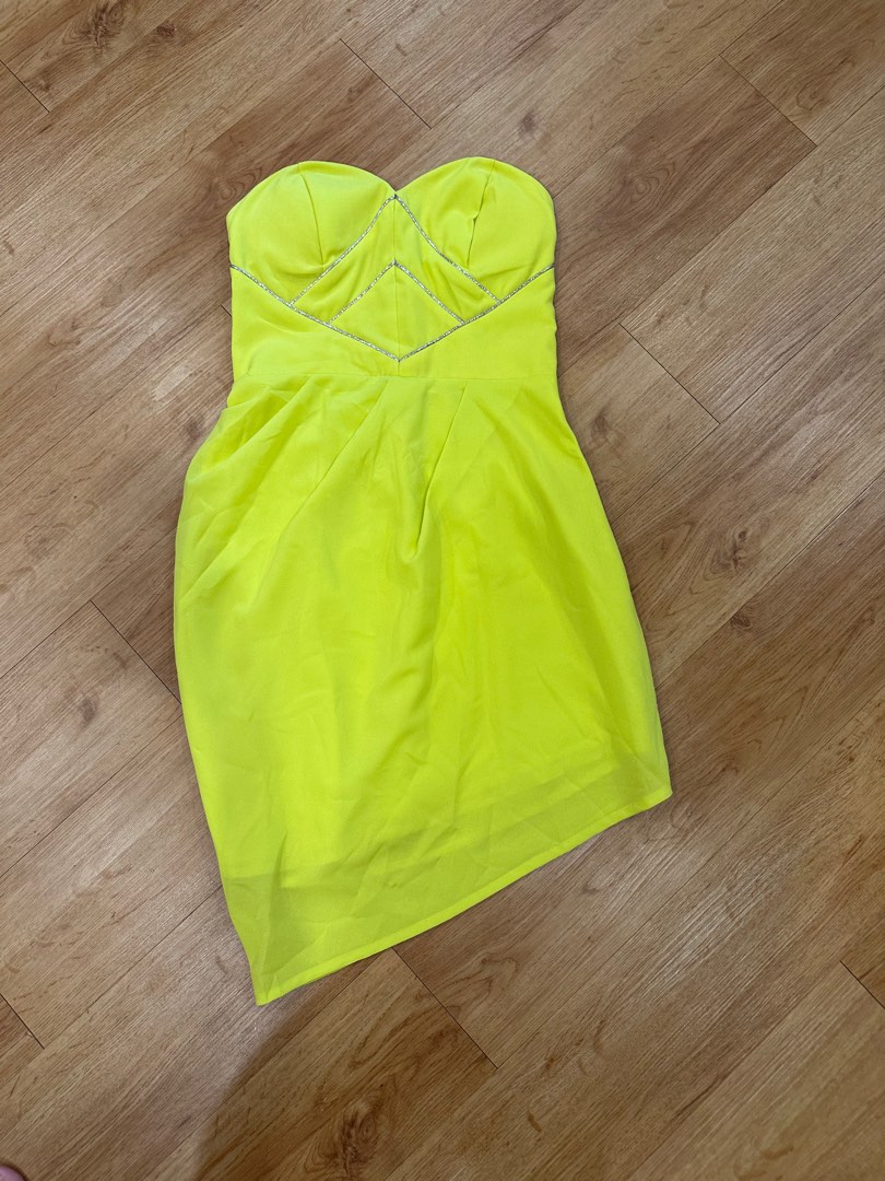 Neon yellow tube assymetrical bustier dress