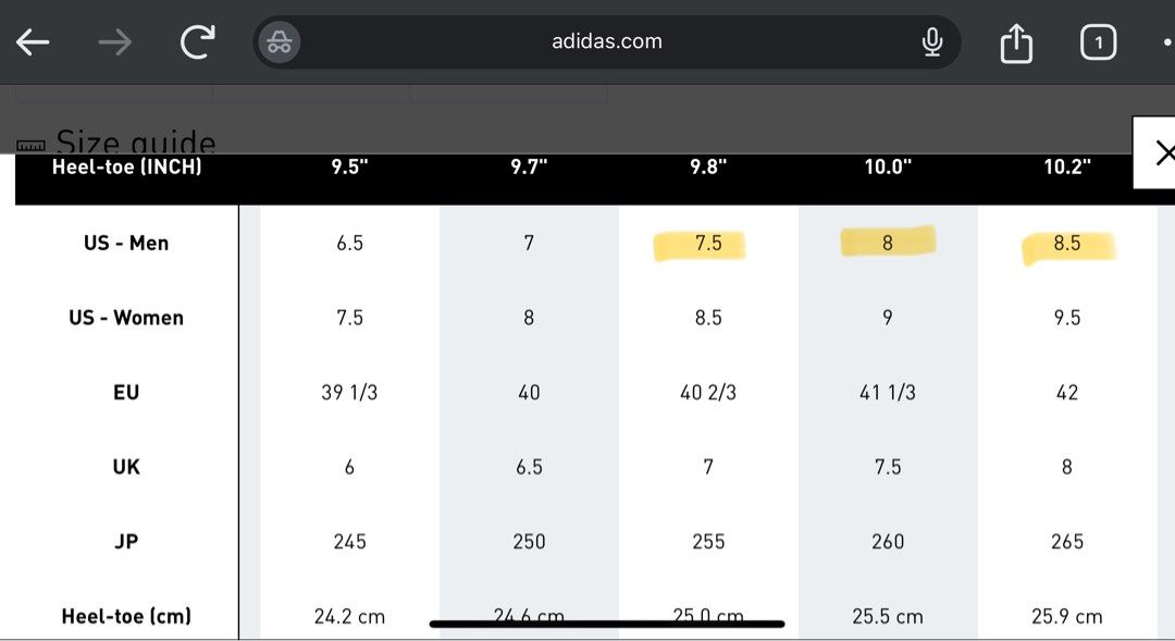 Adidas us size shop chart india