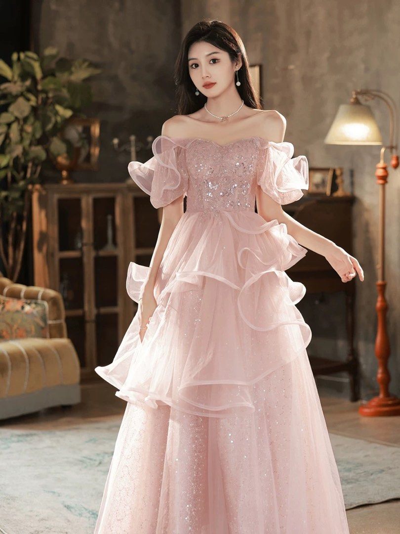 PO UP TO 3xl Pink princess gown with ruffles evening prom party dress