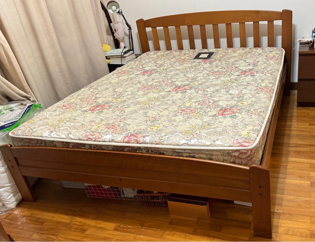 Queen size ikea wooden bed frame and mattress, Furniture & Home Living