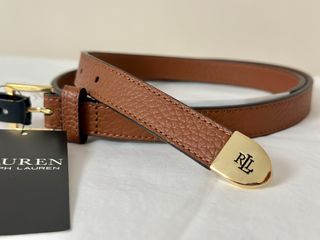 RALPH LAUREN RL GOLD BUCKLE TAN COGNAC BROWN COW LEATHER WOMEN'S BELT LARGE $65