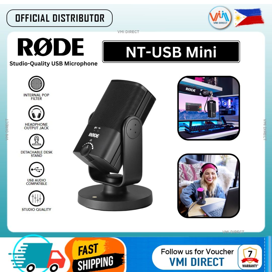 RODE NT-USB Mini Studio-Quality USB Microphone (Category: Microphones) located in Manila. Submitted by vmidirect (Listing ID 1267055205, Image 1). Description: The NT-USB Mini brings the pristine sound quality of RØDE’s world-class studio mics to a compact, easy-to-use USB microphone. Designed to deliver crystal-clear, professional-quality audio direct to a computer or tablet, it’s the perfect microphone for gamers, podcasters, musicians, streame