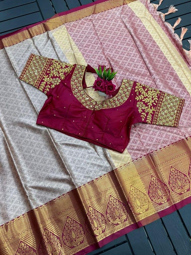 Sarees | Semi Silk Saree With Readymade Blouse ( Boat Neck) | Freeup