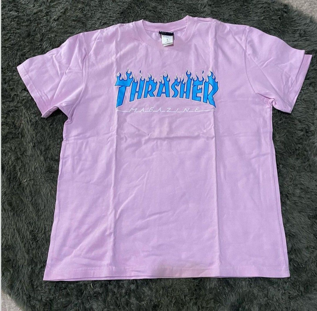 Pink thrasher shirt outlet with blue flames