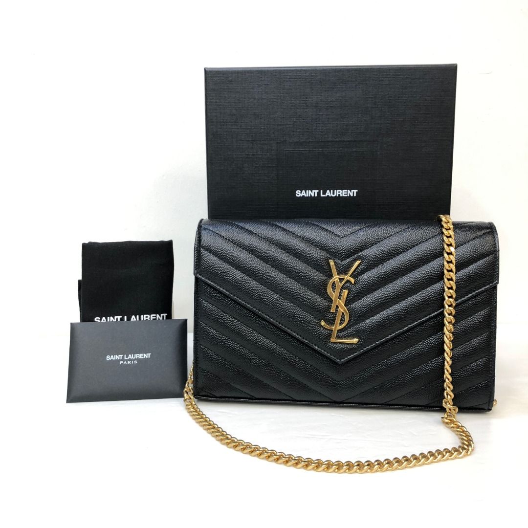 YVES SAINT LAURENT Medium Monogram Chain Wallet WOC in Black Grained Calfskin GHW