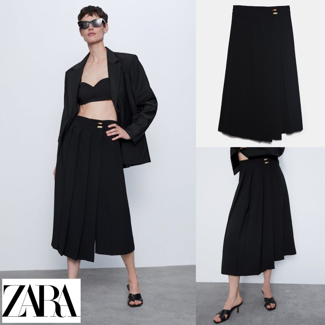 ZARA Long Wrap Box Pleat Pants Skirt Bermuda With Gold Button Waist Flare Black Rokcel Rok Celana Lilit Panjang Midi A Line Kombinasi Plisket Pleated Megar Hitam Premium Import NETT Fesyen