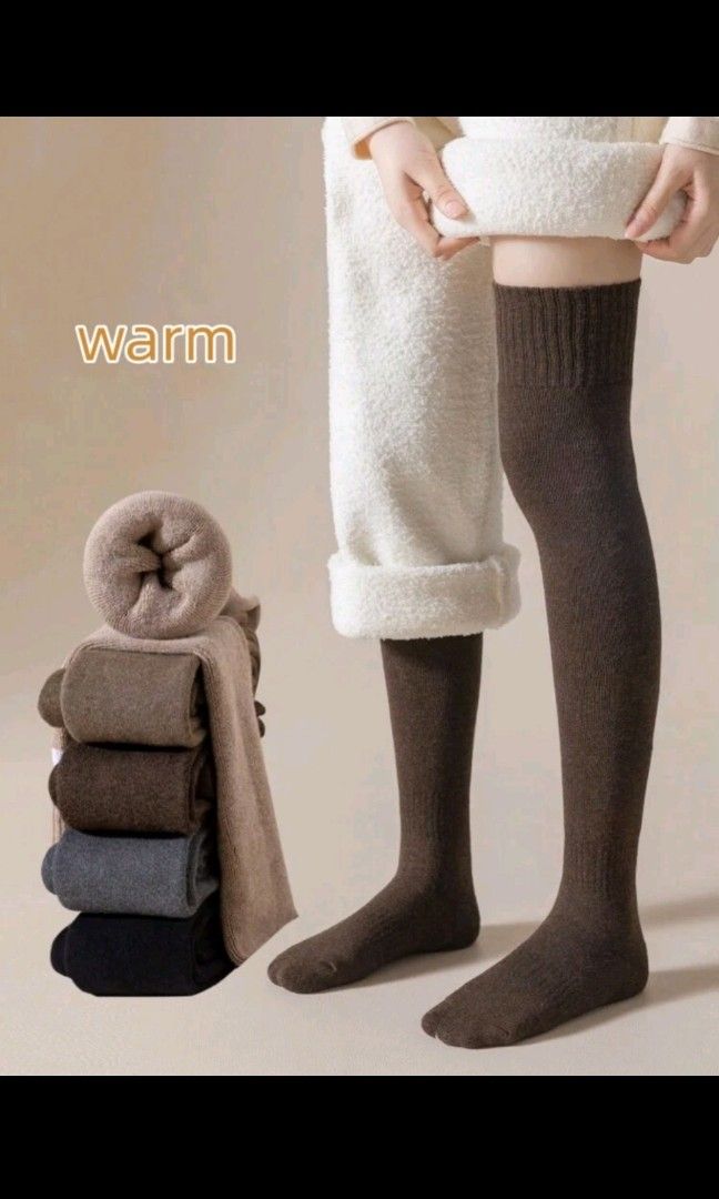 5 Pairs Winter Warm Over Knee Socks For Women Fleece Lined Thick