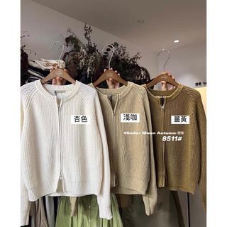 韓系圓領雙拉鍊針織毛衣  杏色🛒
