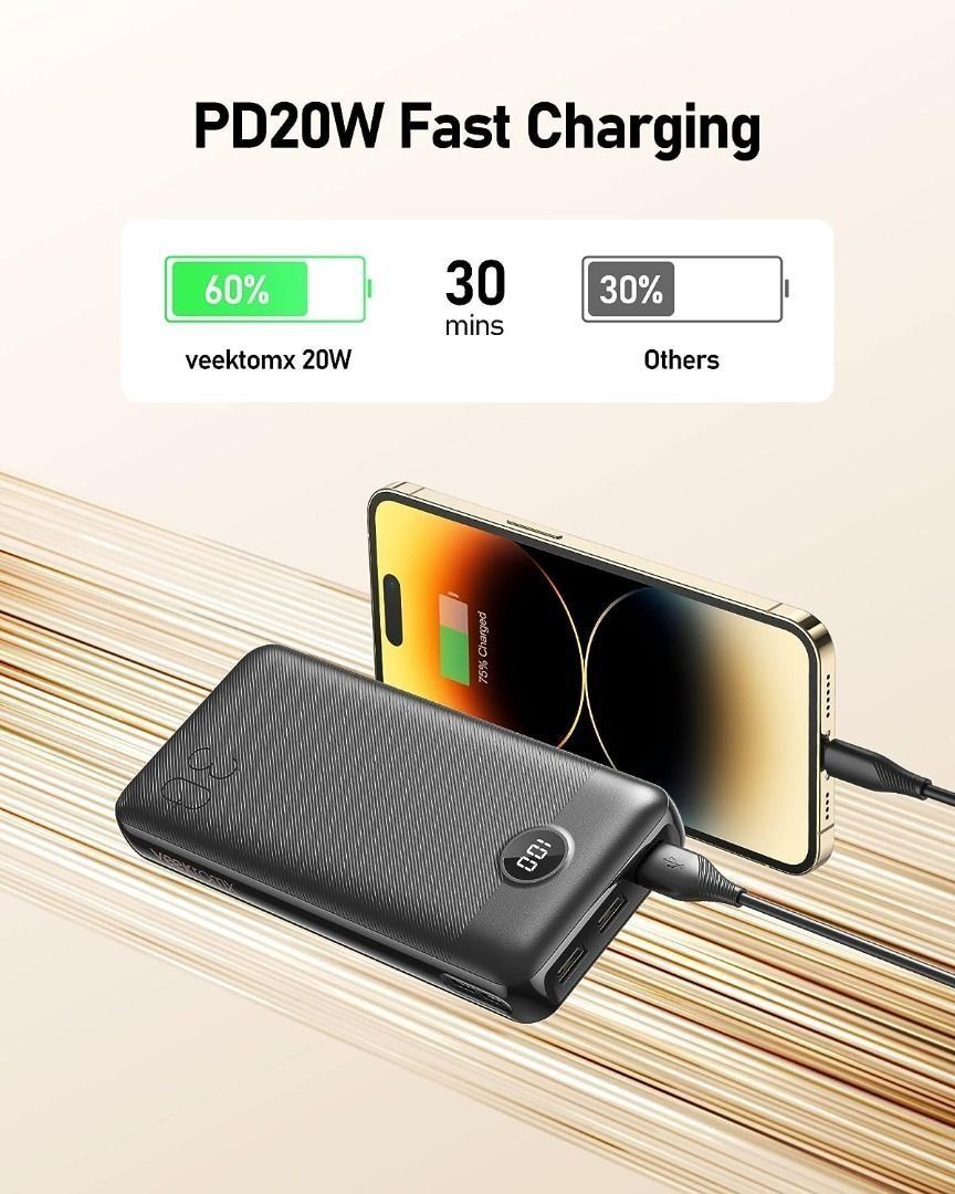  Portable Charger 30000mAh 22.5W USB C Fast Charging QC 3.0 PD  20W Power Bank, LED Digital Display External Battery Packs Compatible  iPhone Pad Samsung etc.(Gray) : Cell Phones & Accessories