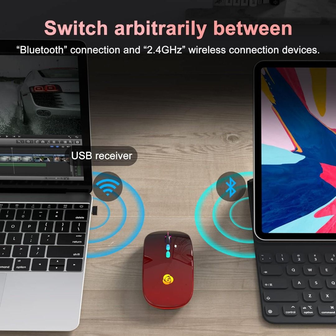 🚚 𝐅𝐑𝐄𝐄 𝐃𝐄𝐋𝐈𝐕𝐄𝐑𝐘!) CC Store LED Wireless Mouse, Bluetooth Mouse  &2.4GHz Instant Connection,Rechargeable Ultra Silent Slim,3 DPI 2  Connection Modes with USB-C to USB Adapter for  Laptop/MacBook/PC/Tablet/iPad (Black-red), Computers & Tech, Parts