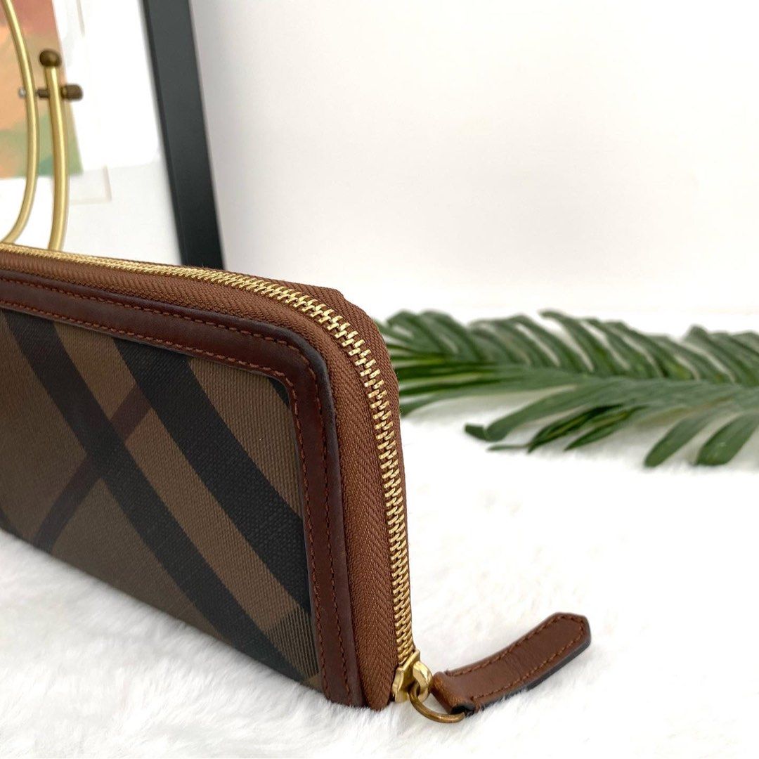 Authentic Burberry Brown Smoked Check And Leather Zip Around