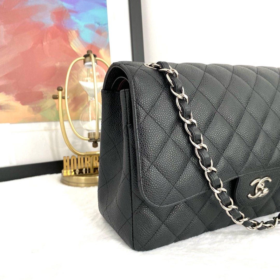 Authentic Chanel Black Caviar Quilted Jumbo Double Flap in SHW