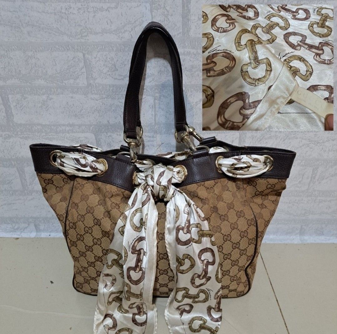 Authentic Tas Gucci Positano Scarf Tote Bag Shoulder nomor seri 153696 kanvas mix kulit asli Barang Mewah Tas Dompet di Carousell