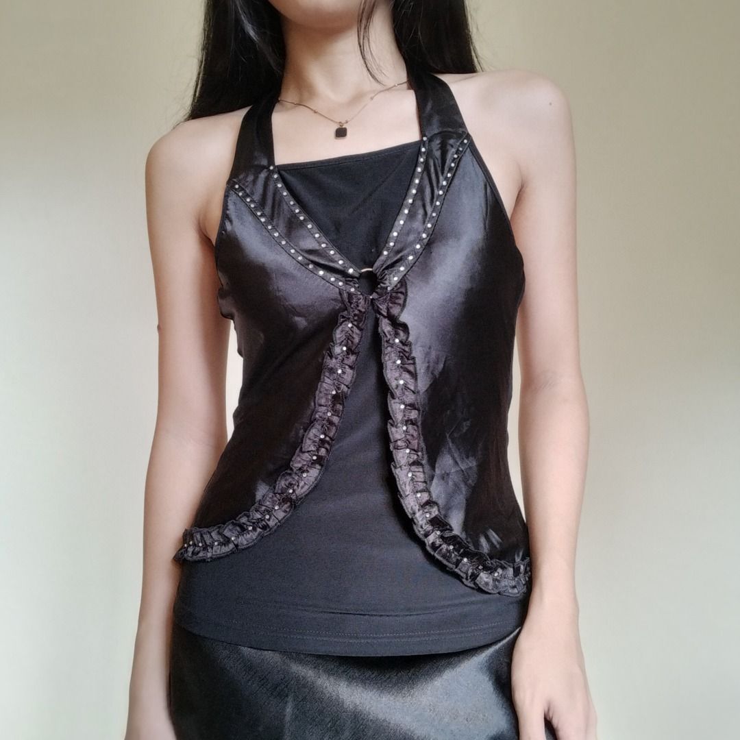 Black Bejeweled Halter Top, Women's Fashion, Tops, Sleeveless on Carousell