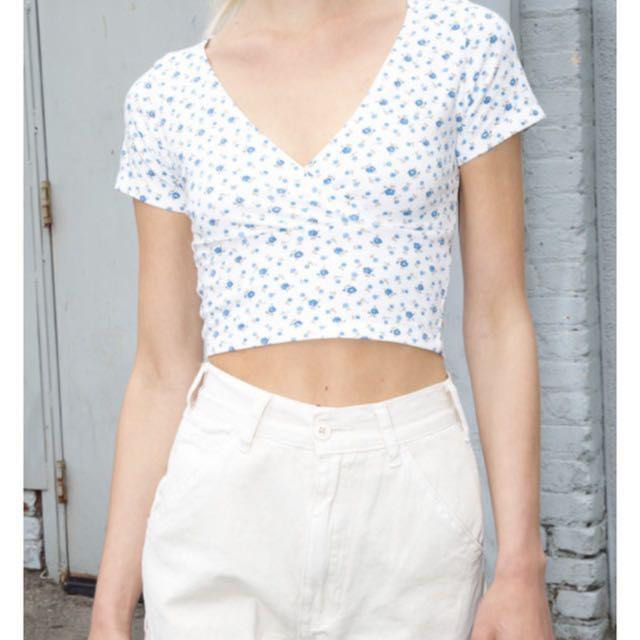 BRANDY MELVILLE Maura Off The Shoulder Crop Top in White Ruffle Trim 