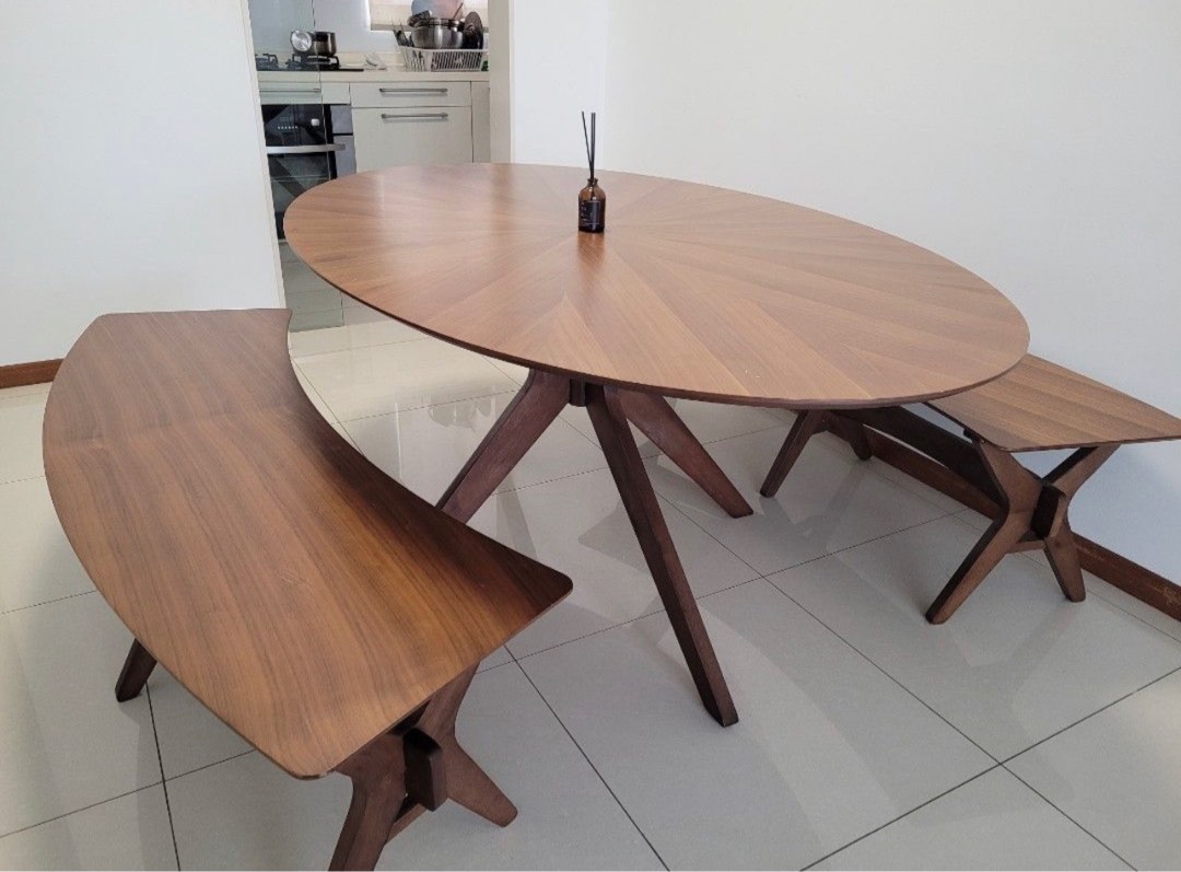 Castlery Brighton Oval Dining table and free benches, Furniture & Home