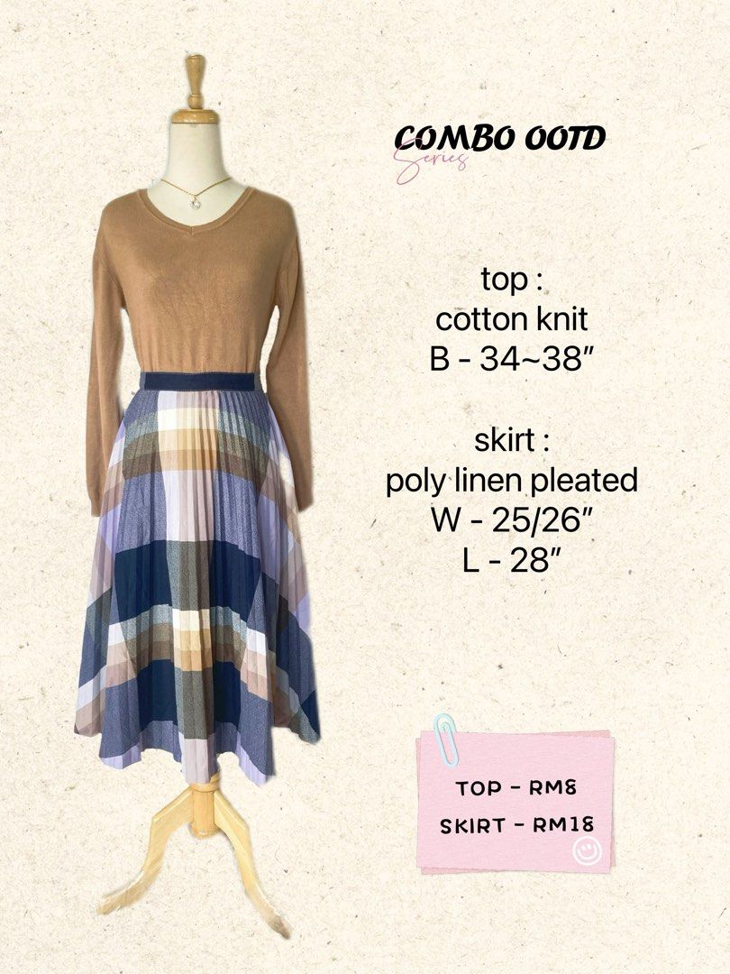 COMBO OOTD SET brown nude cotton knit wool top and blue nude checkered pleated skirt
