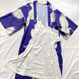 COTTON ROBE KIMONO LINGERIE SLEEPWEAR BAJU TIDUR PURPLE WHITE